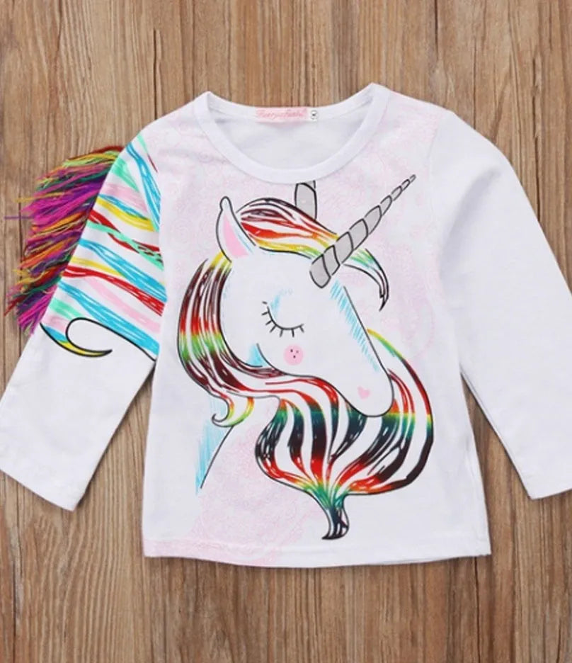 White children's T-shirt with stereo horse hair print, long sleeve round neck cotton top