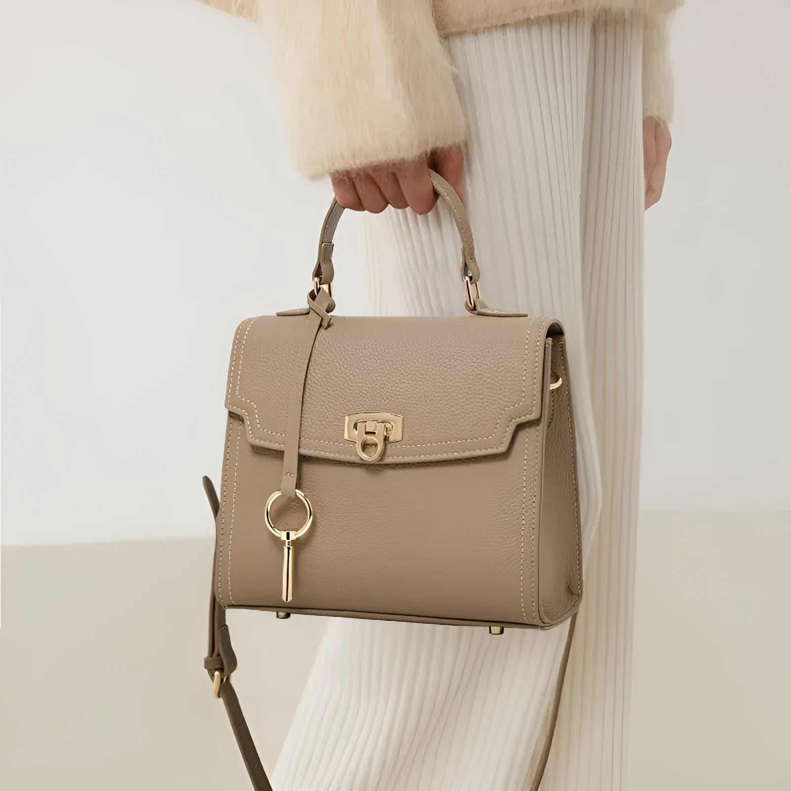 Elephant grey genuine leather handbag with litchi pattern texture and vintage lock closure