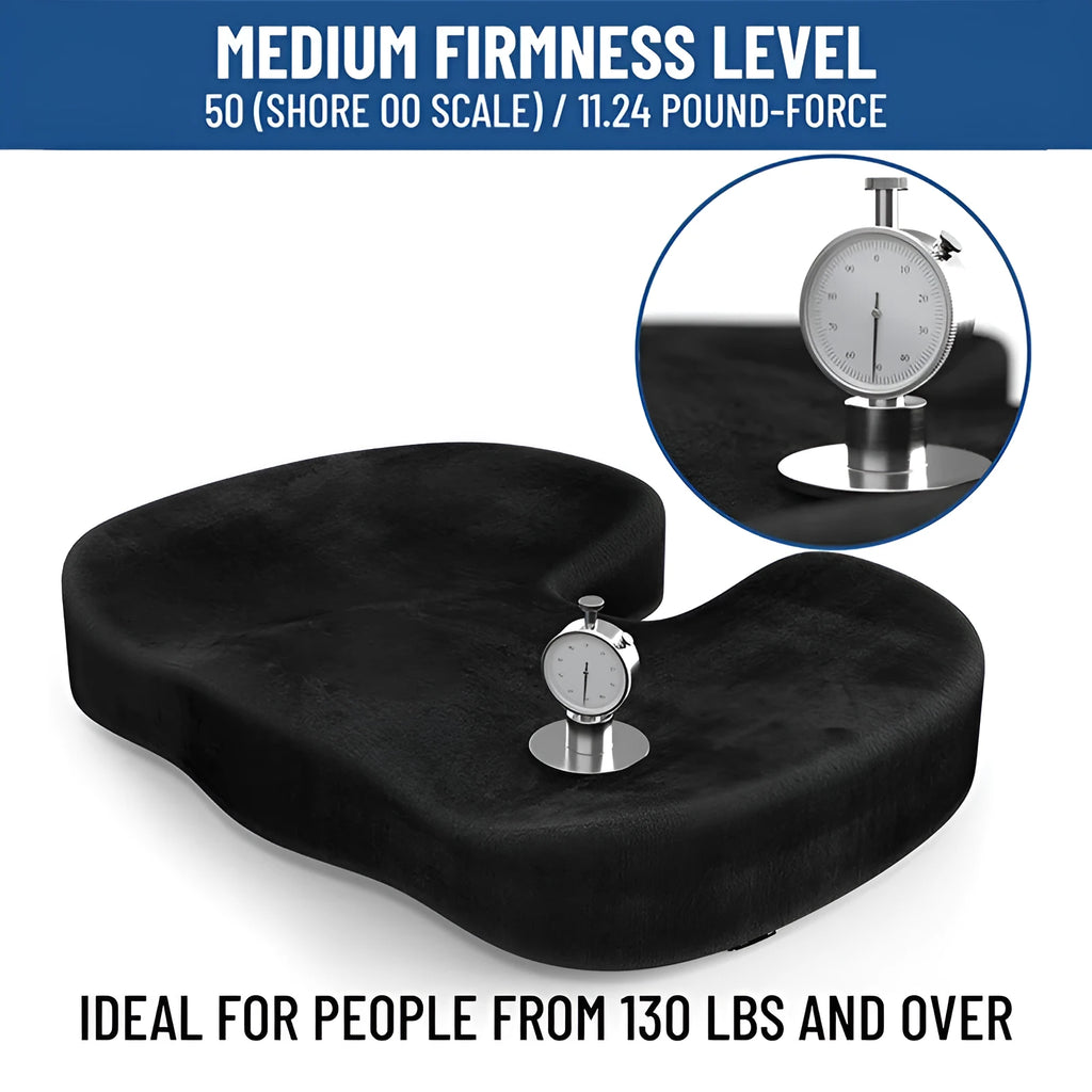 Black memory foam seat cushion with U-shaped design for tailbone relief on office chair