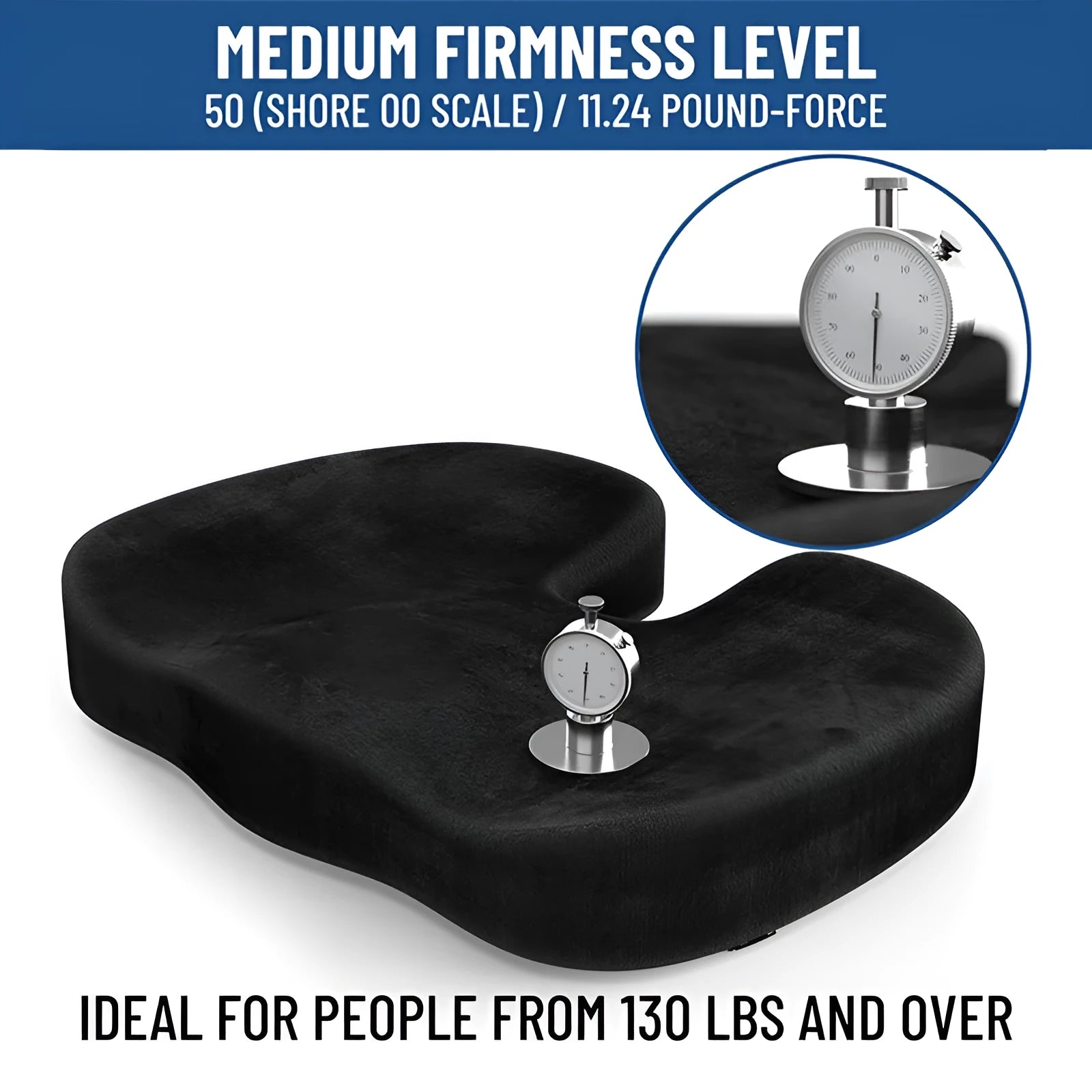 Black memory foam seat cushion with U-shaped design for tailbone relief on office chair