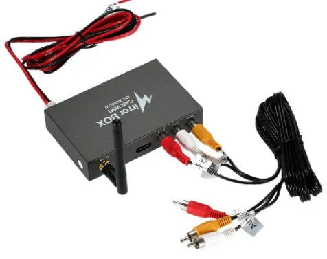 Black car Wi-Fi mirror link box with power cable, antenna, AV cable, and user manual for smartphone screen mirroring.