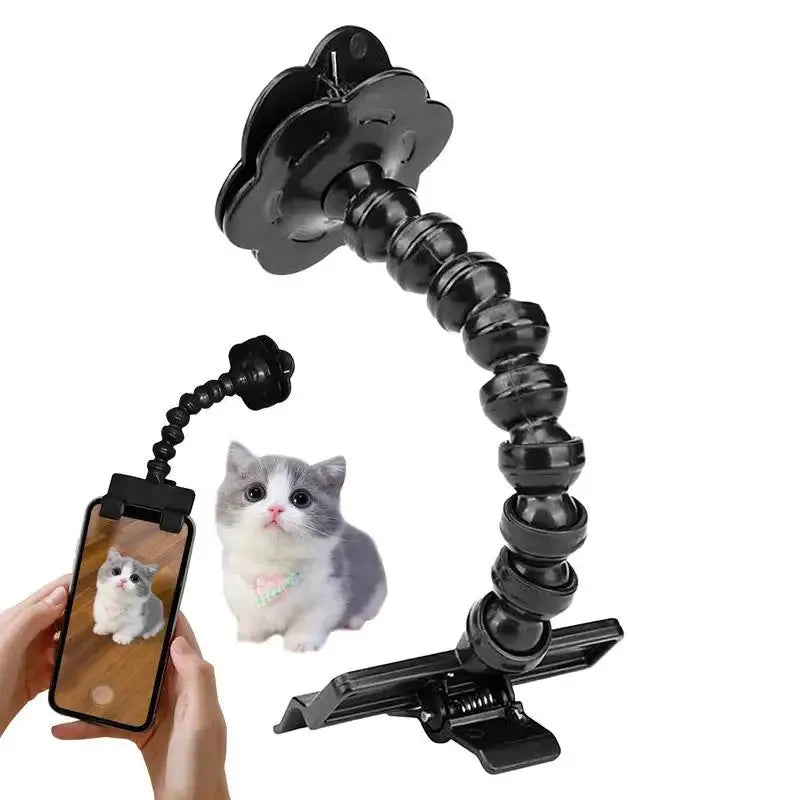 Black and white pet photography phone holder with snack grip and 360-degree rotation