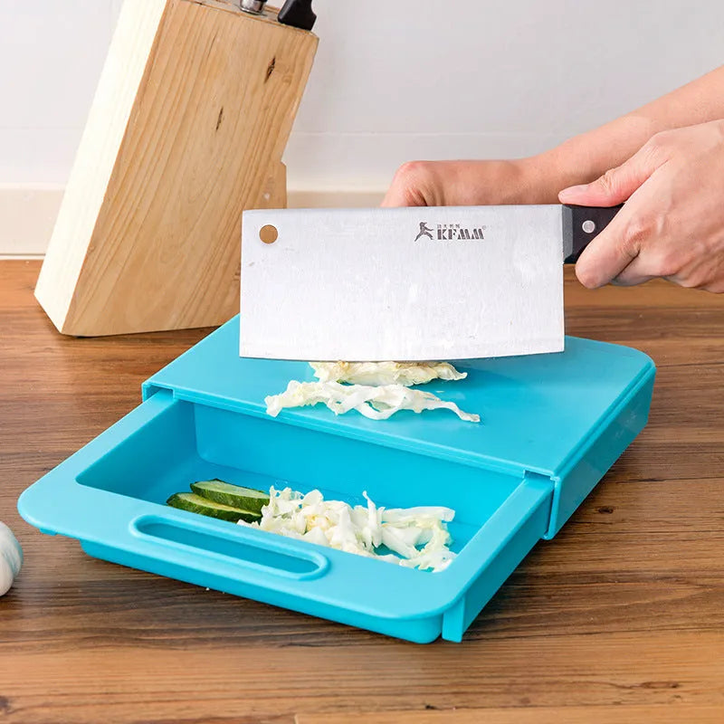 3-in-1 multi-purpose cutting board with colander and storage trough in blue, PP and TPE material, non-slip base, ergonomic handles, 36.5x25x4 cm