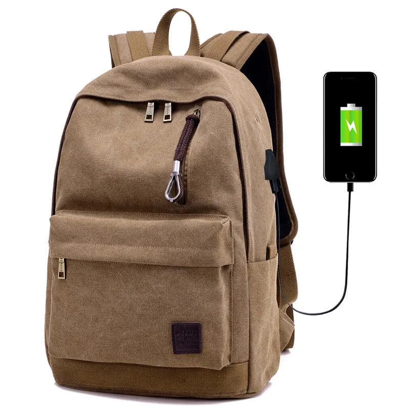 Canvas backpack with USB charging port showing computer pocket and available colour options