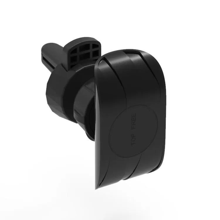 Black car phone holder mounted on vehicle air vent with adjustable clamping arms extended