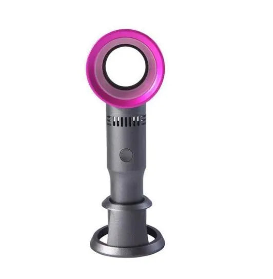 Compact portable bladeless desk fan with USB cable and base, shown in blue.