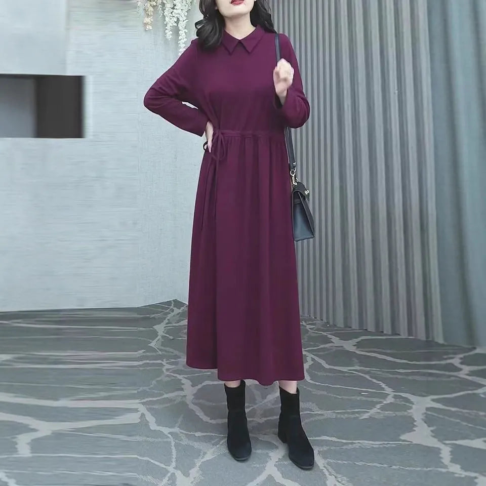 Purplish red plus size women's dress with extra long sleeves and long skirt for autumn winter wear