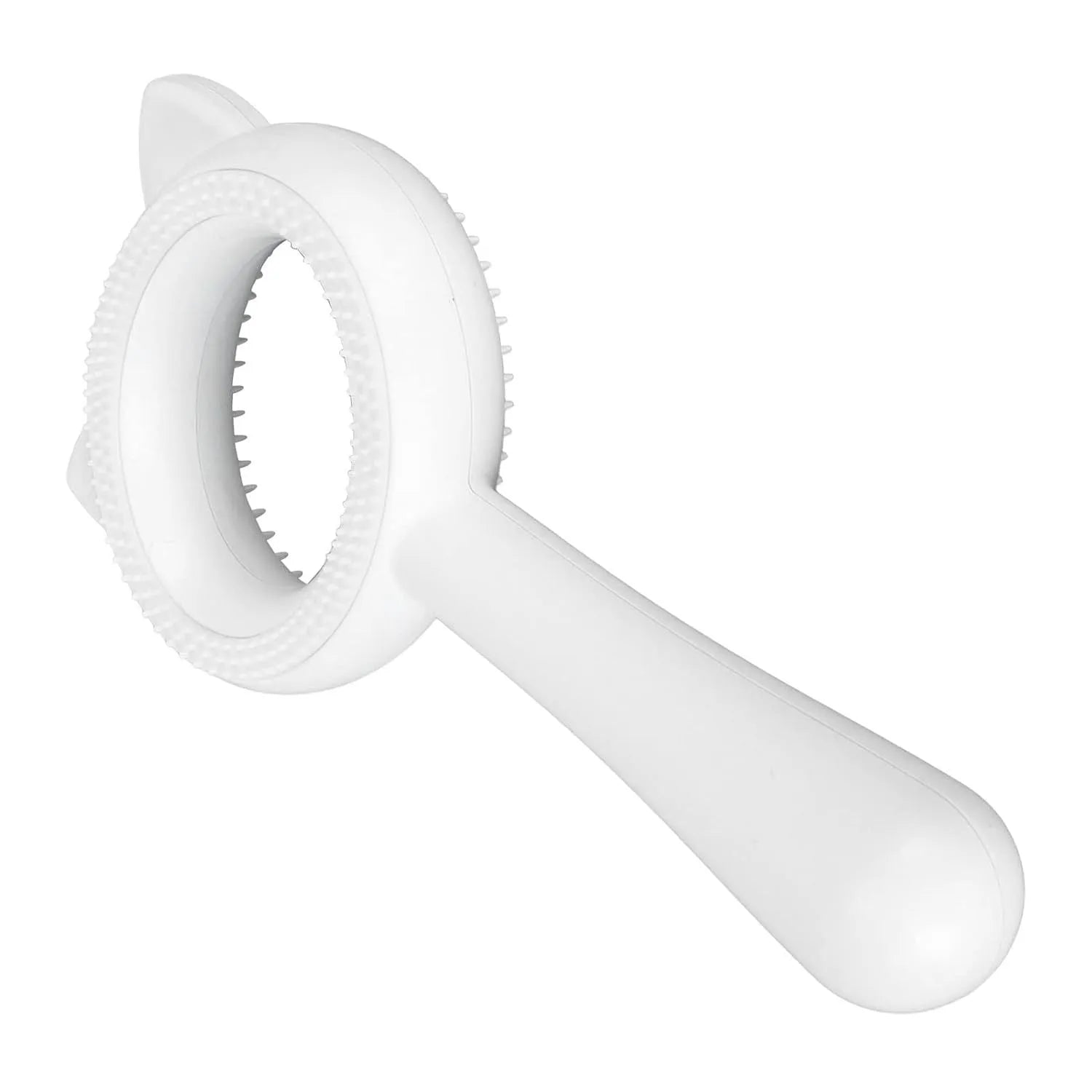 Blue and white double-sided pet grooming brush for cats and dogs on a white background.