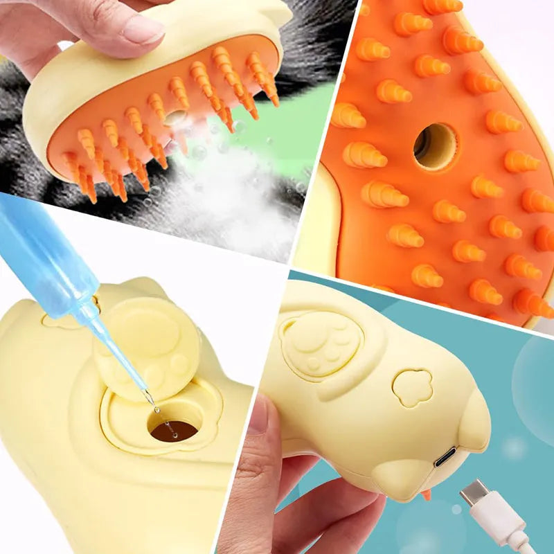 White and blue handheld pet steam grooming brush on a table, showing brush head and handle.
