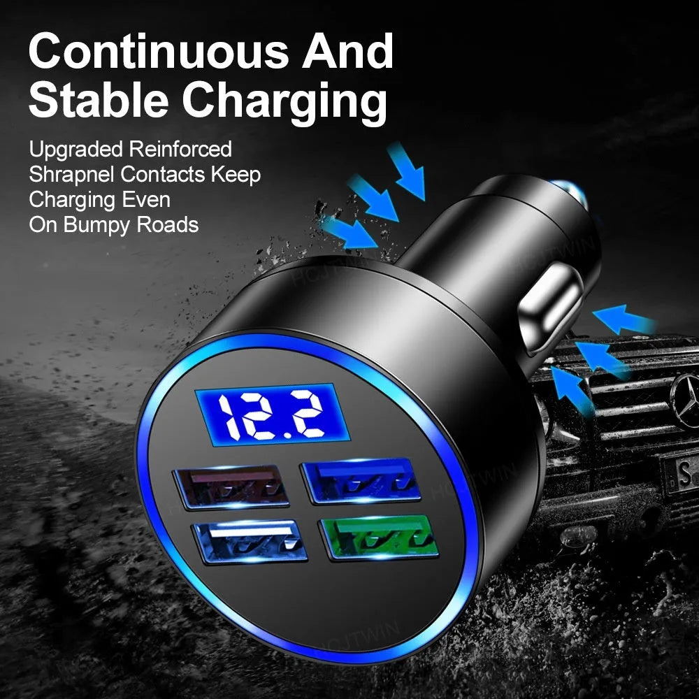 Black multi-port car USB charger with four ports and cigarette lighter plug for vehicle power outlet