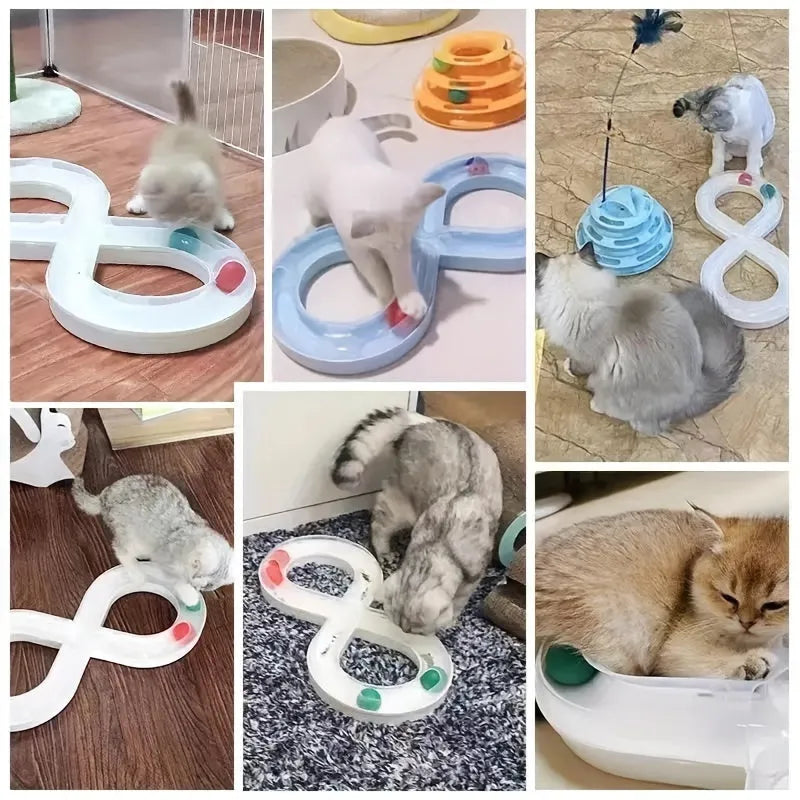 Rotating cat track toy with rolling balls and teasing stick on blue background