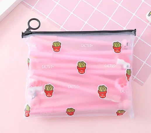 Plastic pen case open showing twenty colourful cartoon cactus design pens with 0.5mm black tips