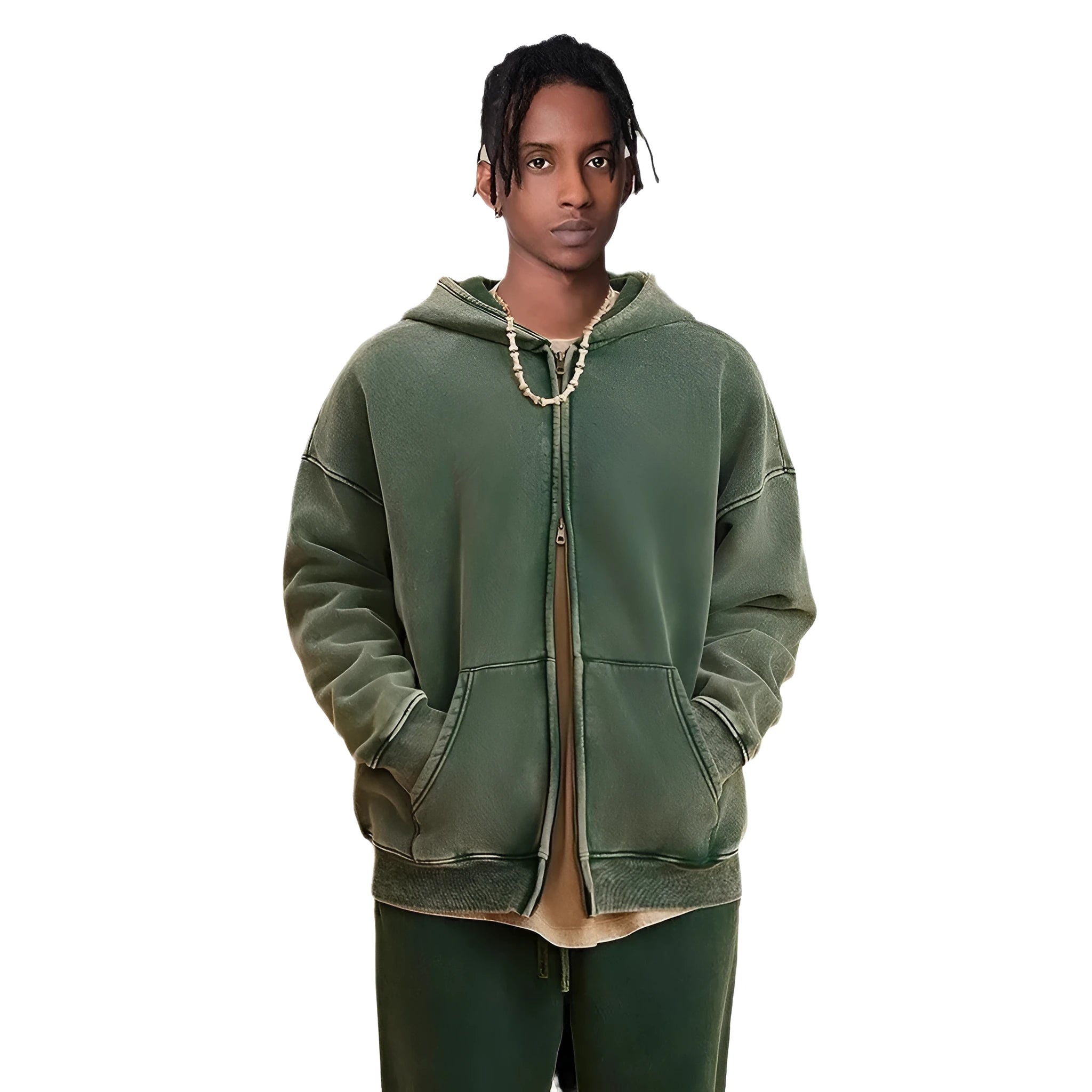 Man wearing a washed black fleece-lined hooded cardigan sweater with a double zip.