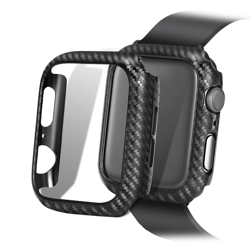 Carbon fibre pattern leather Apple Watch strap case in black, blue, orange, and red colour options.