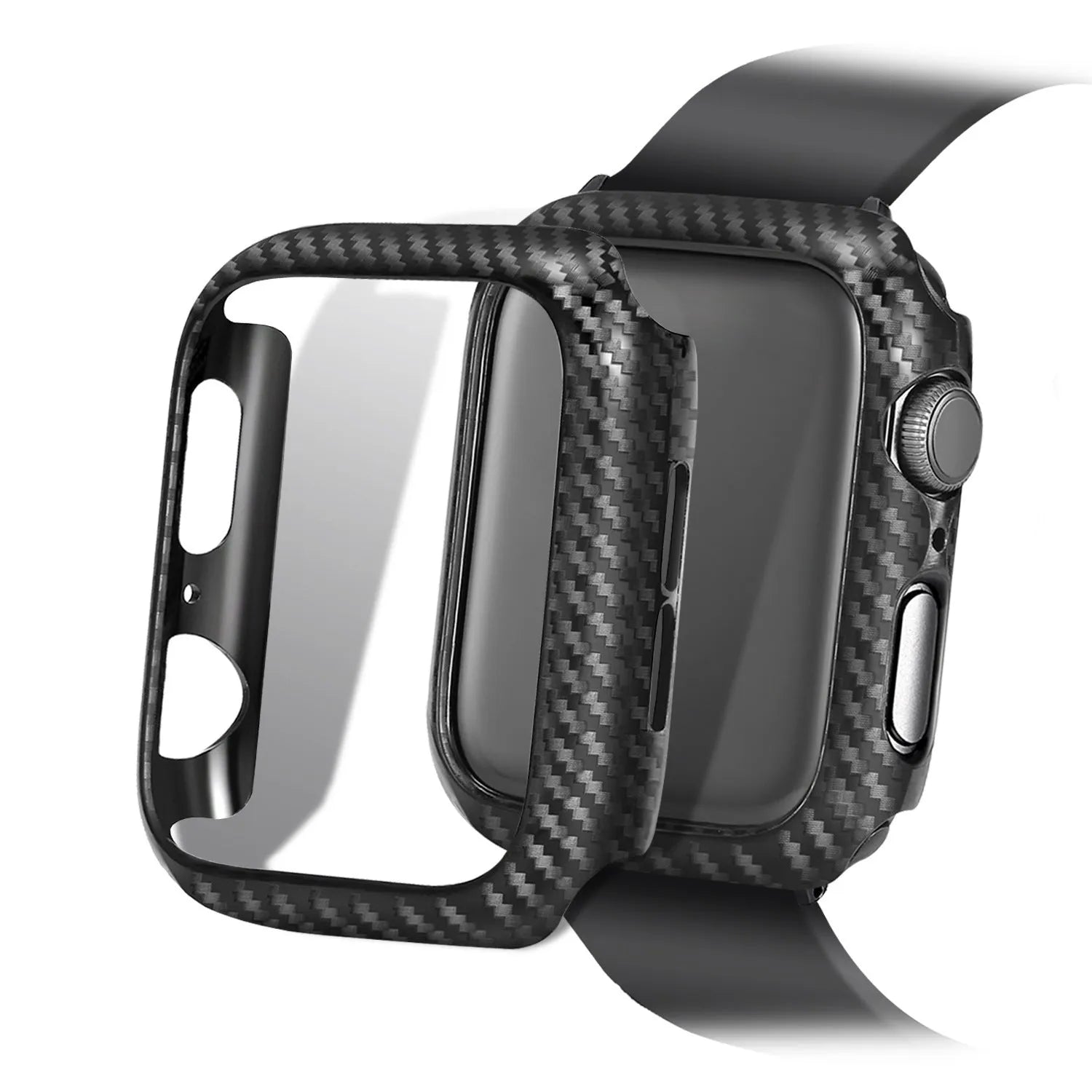 Carbon fibre pattern leather Apple Watch strap case in black, blue, orange, and red colour options.
