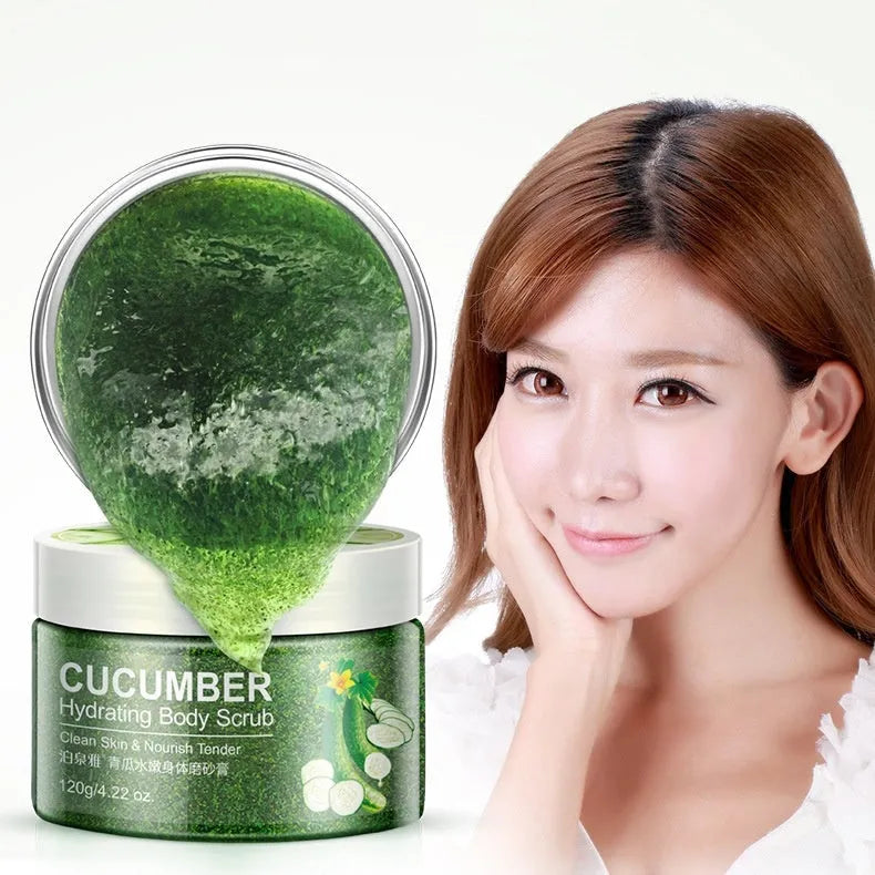 Cucumber skin beauty face and body scrub in green packaging for gentle exfoliation and brighter skin