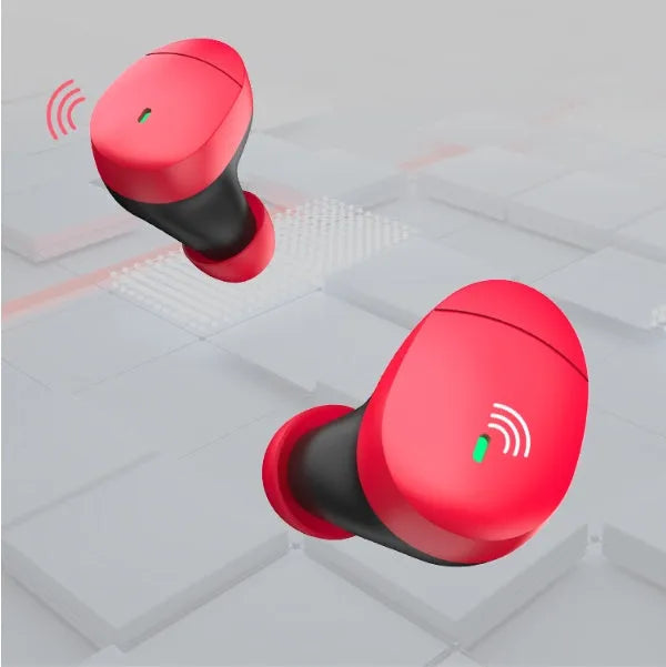 Flame red Qualcomm TWS 3040 wireless Bluetooth earbuds with charging case.