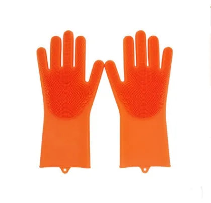 Blue silicone scrubbing gloves showing textured palm and finger surfaces for cleaning