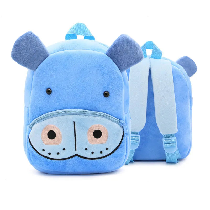 Plush children's backpack with animal design showing soft texture and zipper opening