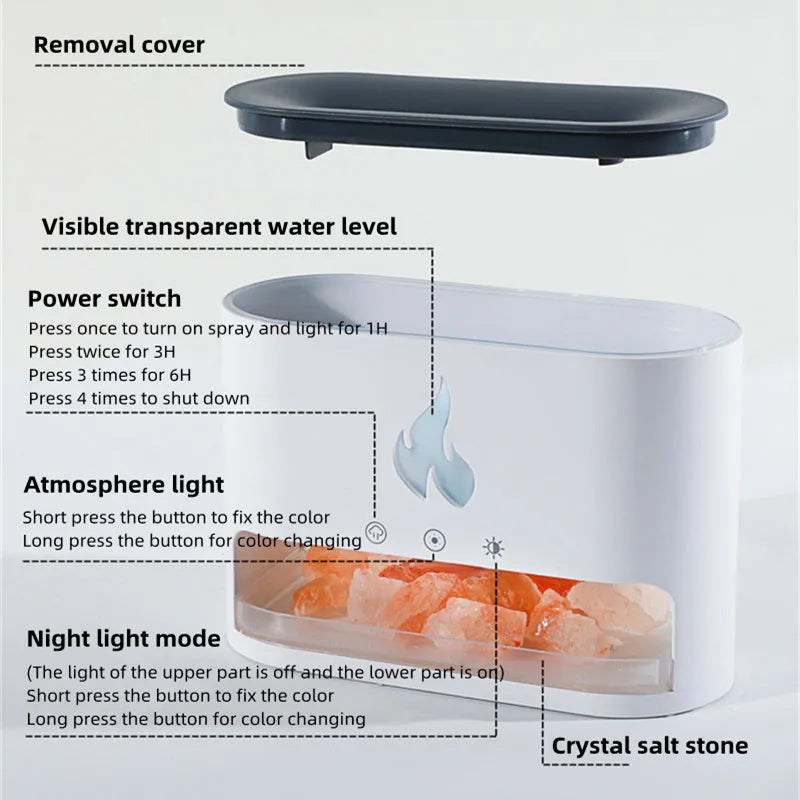 New Flame Humidifier with 3D simulation flame light and crystal salt stone on a desktop