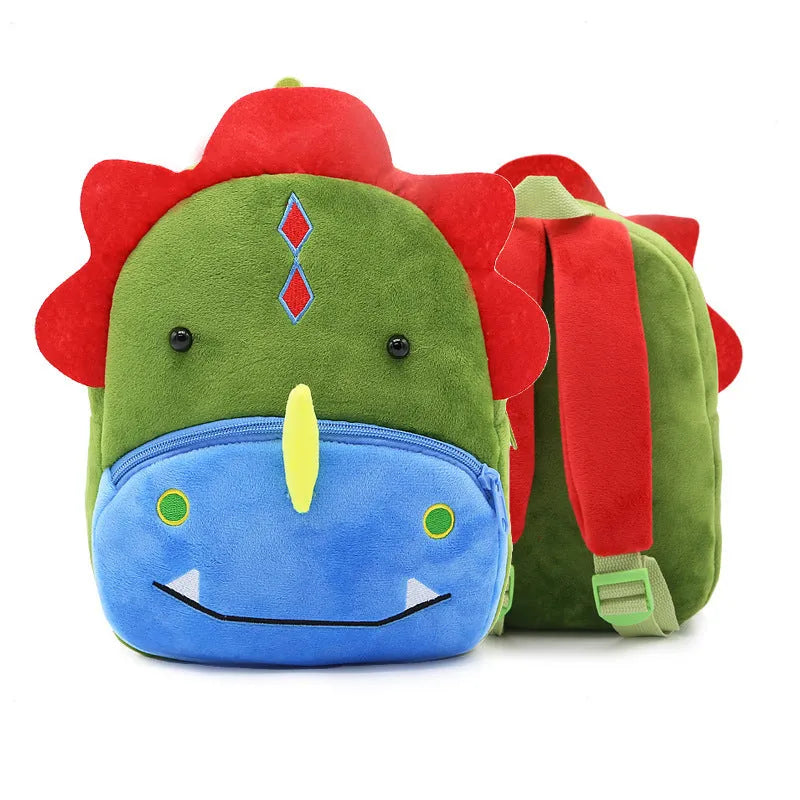 Plush children's backpack with animal design showing soft texture and zipper opening