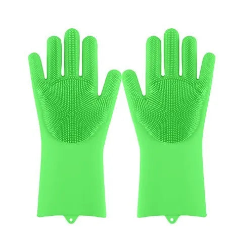 Blue silicone scrubbing gloves showing textured palm and finger surfaces for cleaning