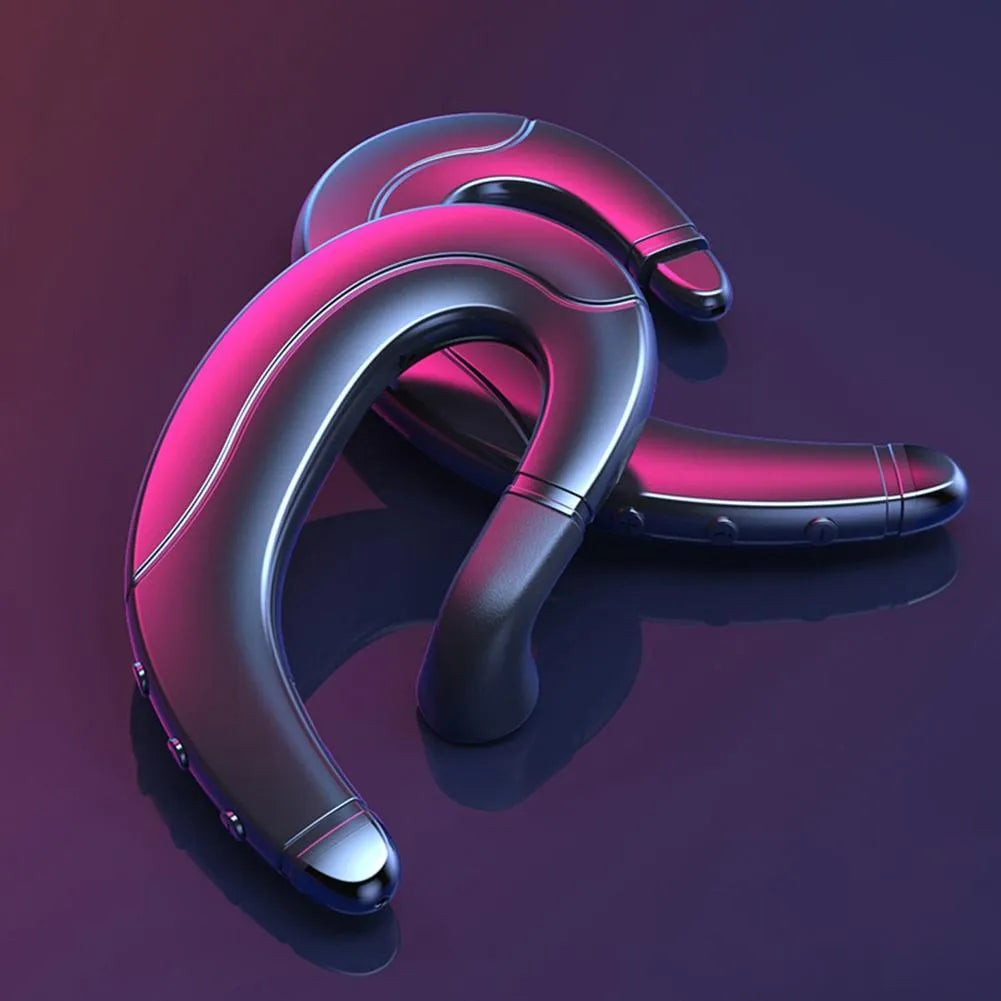Single ear Bluetooth headset with out-of-ear mounted design in black, blue, or red colour options