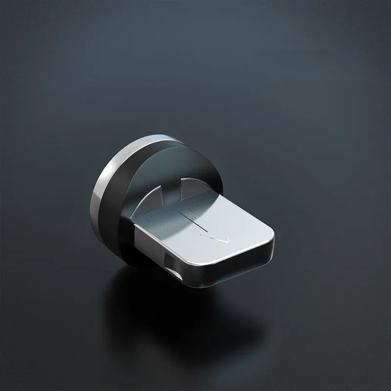 Magnetic charging cable with breathing light showing USB plug and interchangeable Lightning, Micro USB, and Type-C magnetic heads.