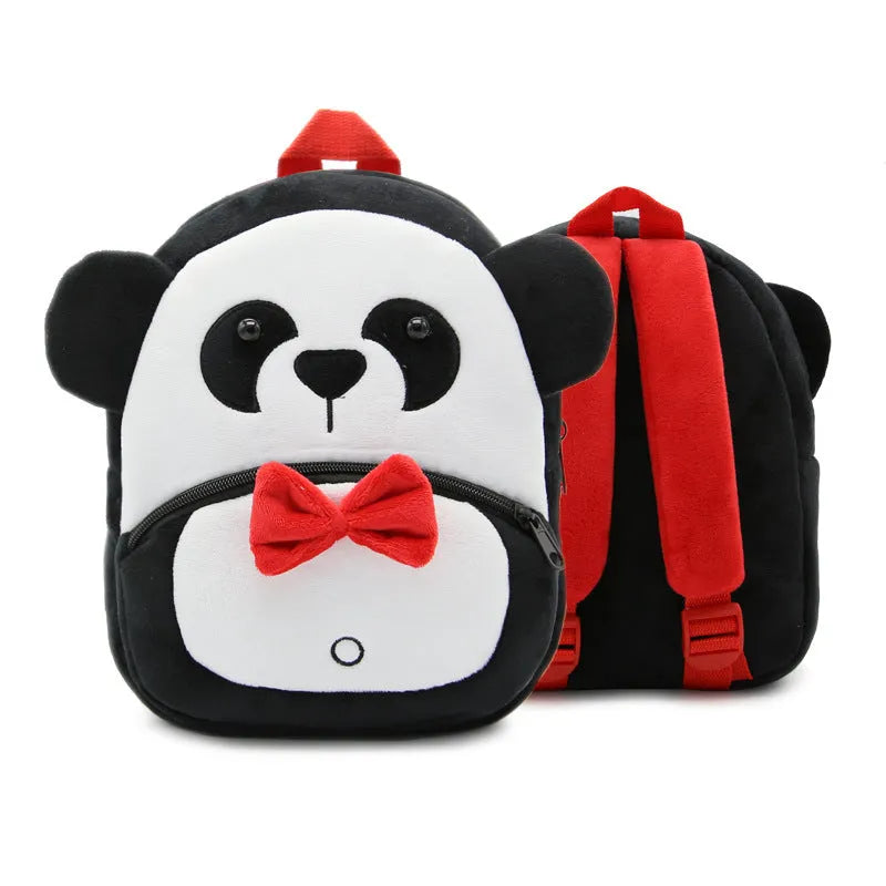 Plush children's backpack with animal design showing soft texture and zipper opening