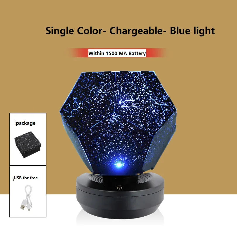 LED star projector night light showing constellation projection on a bedroom ceiling with remote control.