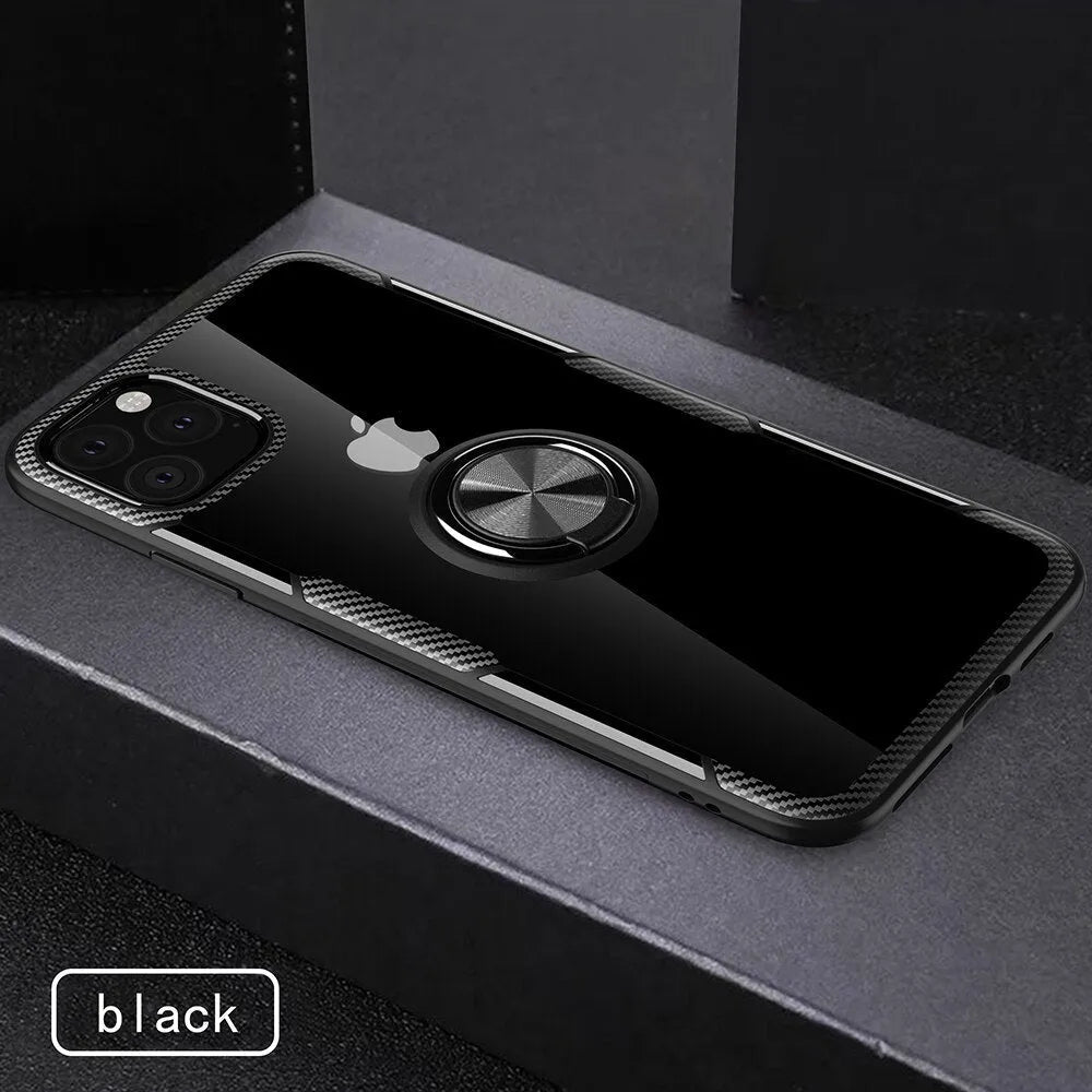 Black PU material phone case for iPhone 11 Pro Max showing precise cutouts for camera and ports.