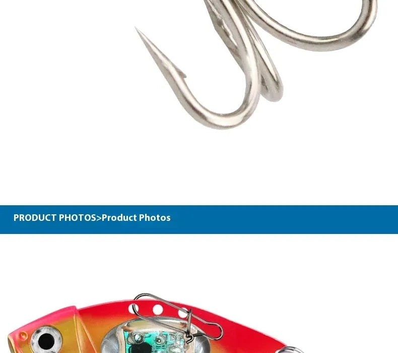 Metal vib electronic fishing lure with luminous construction in blue and red colour options