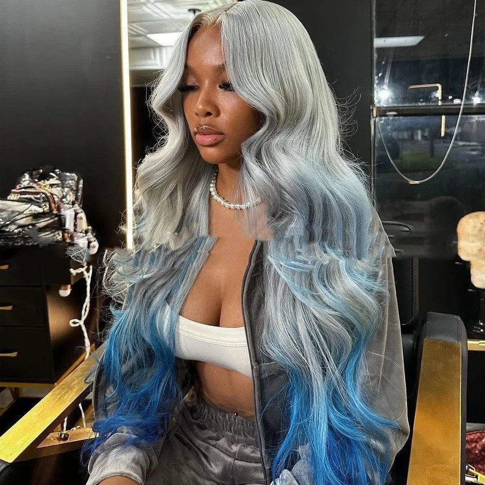 Gray blue ombre human hair lace front wig on a model, showing gradient colour and natural hairline.