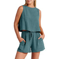Women's summer two-piece set with sleeveless top and drawstring shorts in rayon-linen fabric