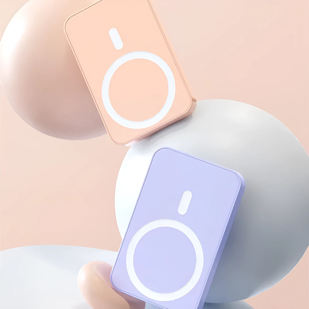 Pink, purple, or white 20000mAh magnetic wireless power bank with plastic shell, showing dimensions.