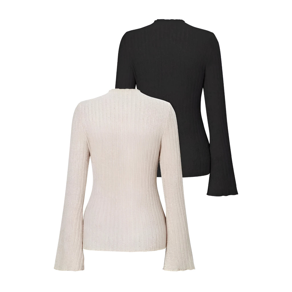 Men's black long sleeve slim fit top with brushed stripe pattern and round neck
