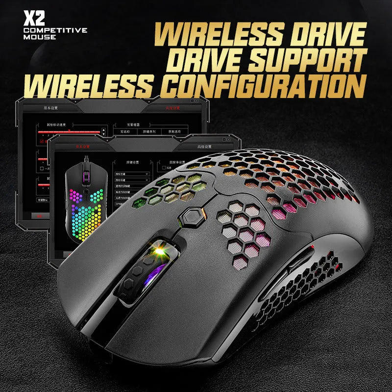 Free Wolf X2 wireless RGB gaming mouse in multiple colour options on gaming desk