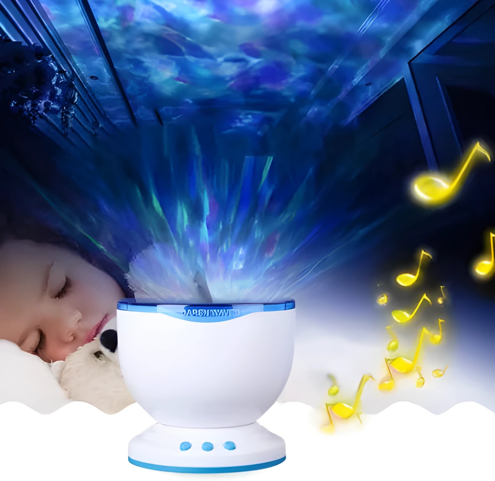 Blue coloured ocean theme projection lamp with DLP correction for children's rooms.