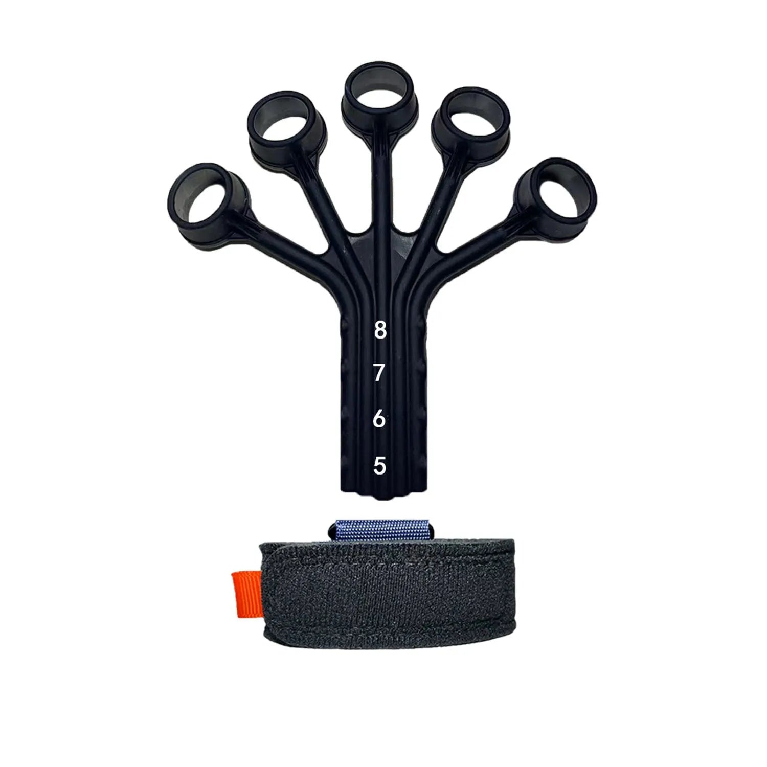 Black and grey silicone finger flexion and extension trainer with adjusting belt for hand rehabilitation.