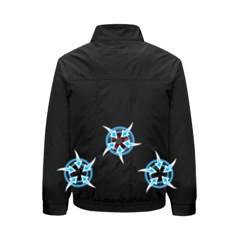 Smart air conditioning outdoor work jacket with cooling fan in black or white with ventilation holes