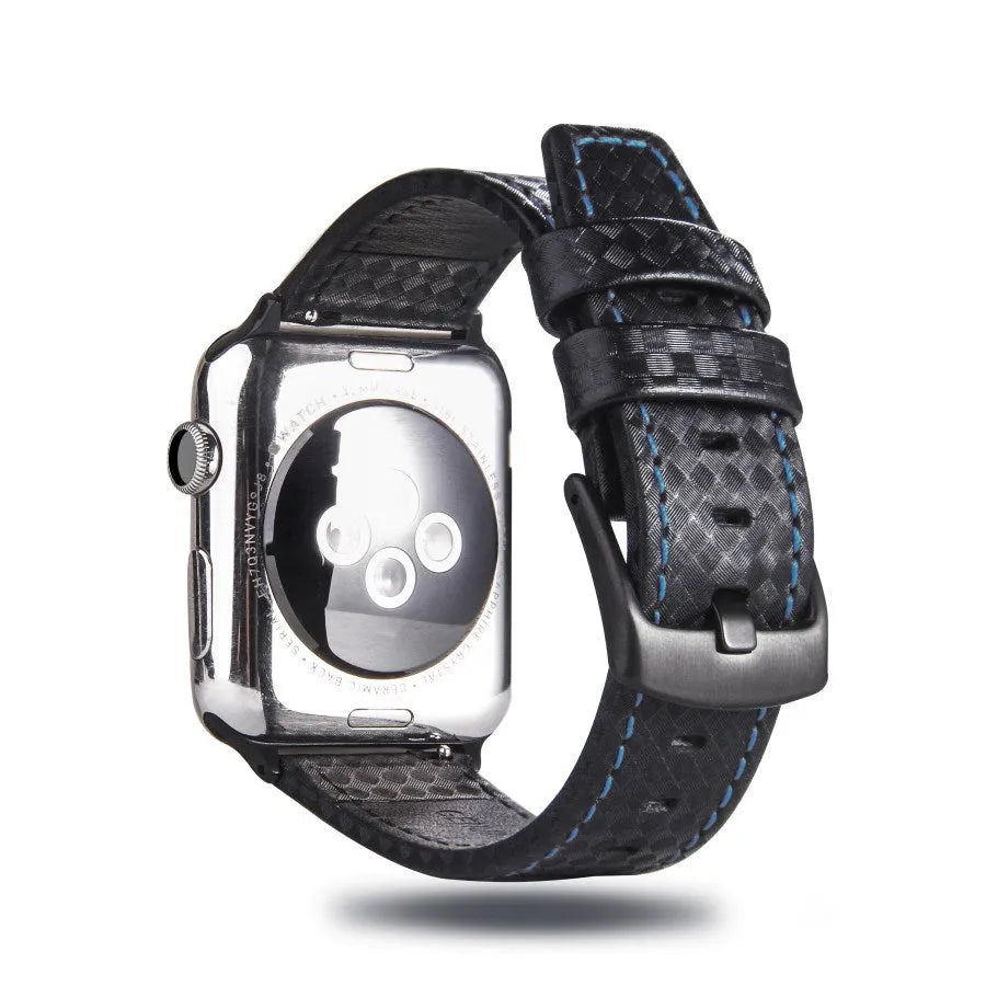 Carbon fibre pattern leather Apple Watch strap case in black, blue, orange, and red colour options.
