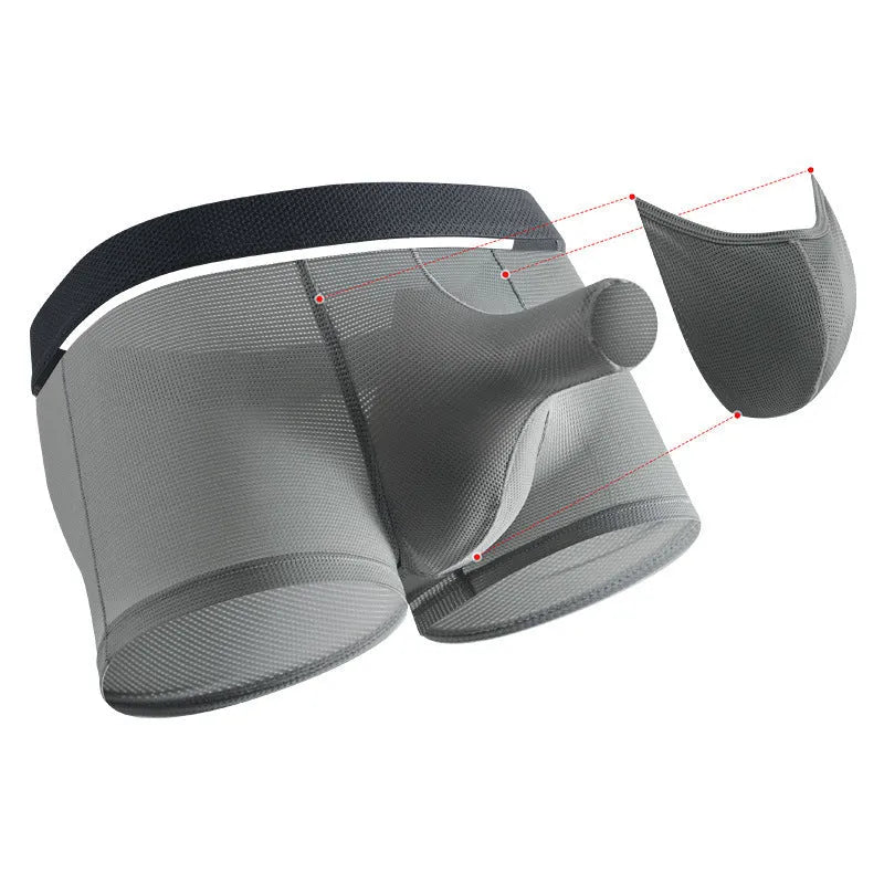 Men's low waist ice silk boxer briefs in black, shown flat.