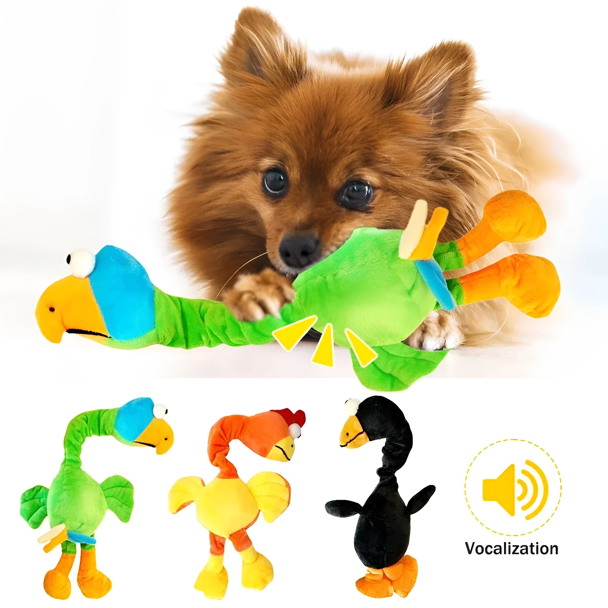 Screaming chicken sound dog chew toy in bite-resistant material, shown in black, green, and orange.