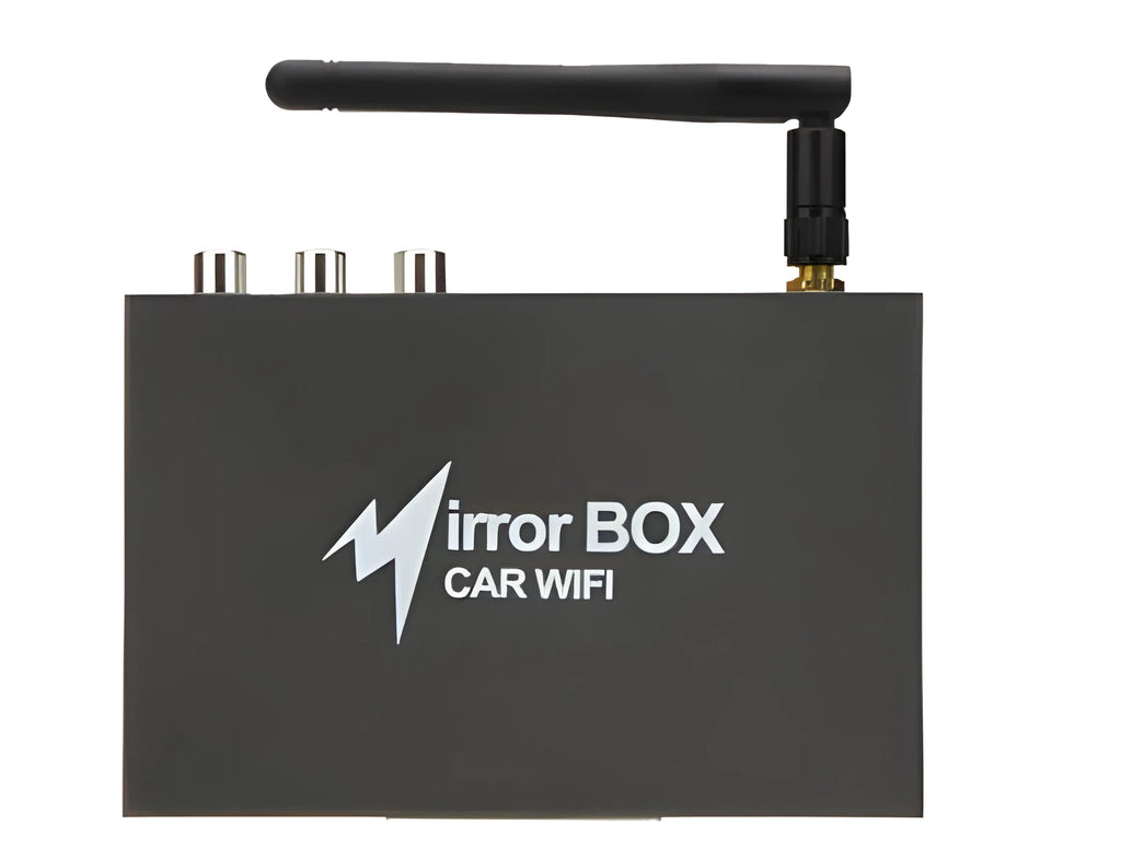 Black car Wi-Fi mirror link box with power cable, antenna, AV cable, and user manual for smartphone screen mirroring.