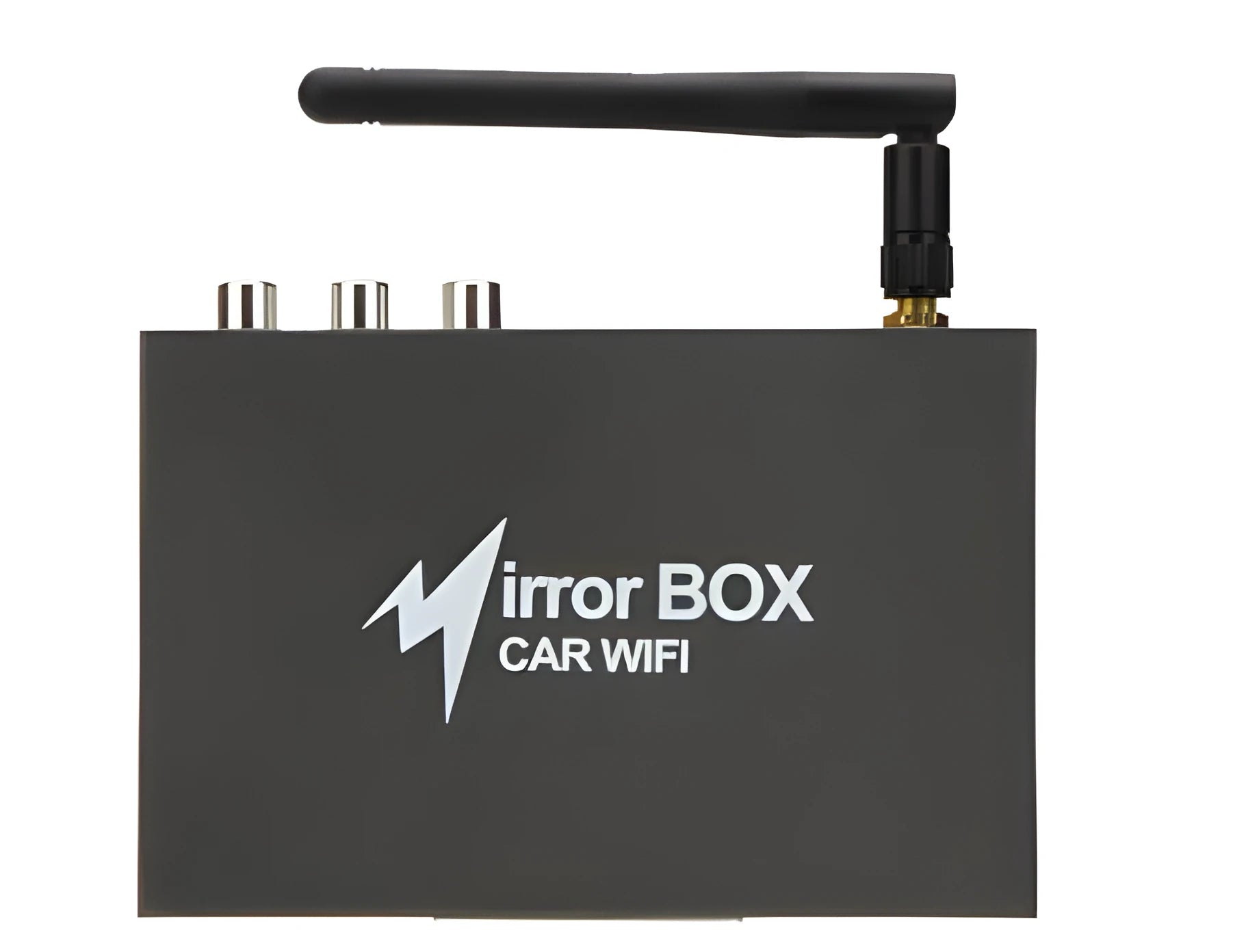 Black car Wi-Fi mirror link box with power cable, antenna, AV cable, and user manual for smartphone screen mirroring.
