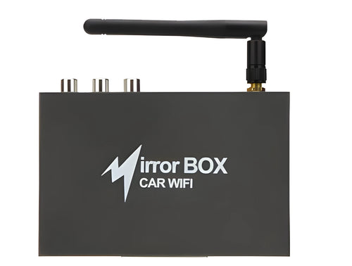 Black car Wi-Fi mirror link box with power cable, antenna, AV cable, and user manual for smartphone screen mirroring.