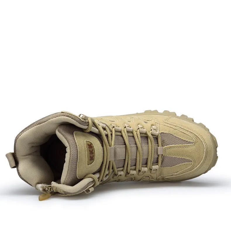 Men's US Army style Delta tactical boots in black with rubber sole, shown on a rough outdoor surface.