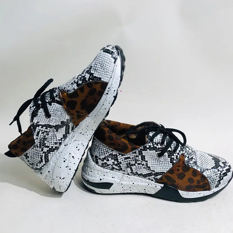 Women's suede casual sneakers with wedge heel in leopard print and snake pattern designs