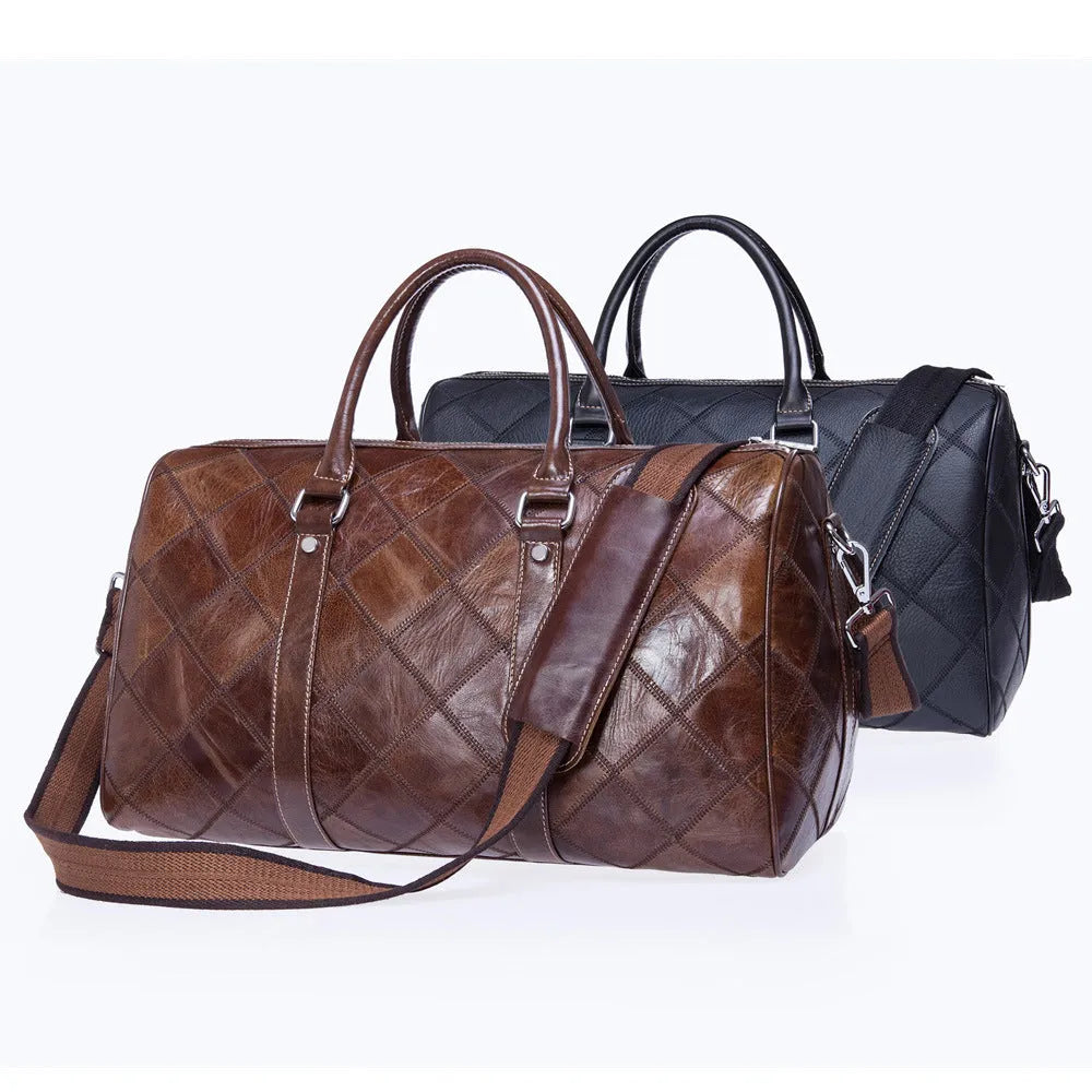 Vintage brown cowhide leather duffel bag with single shoulder strap showing internal organisation compartments