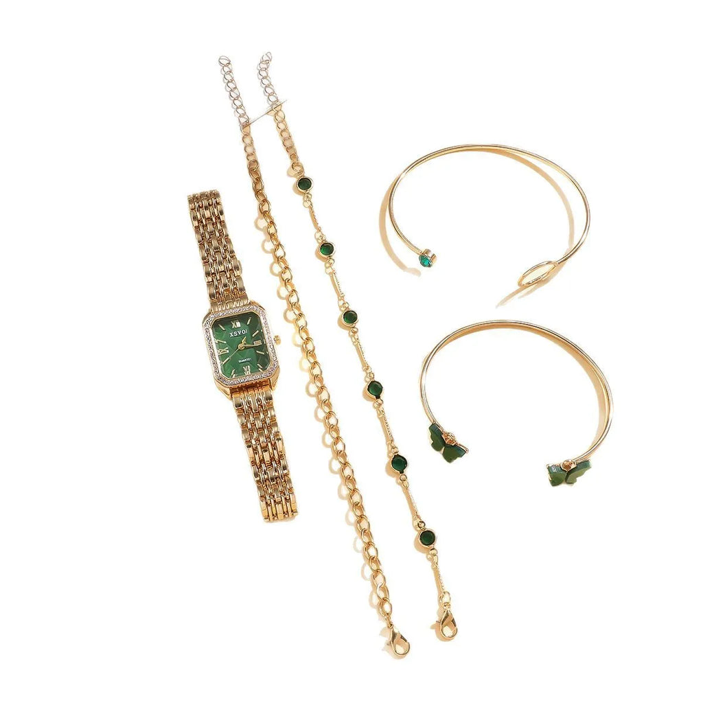 Gold green square women's watch with four matching bracelets showing jewellery buckle and 25mm dial